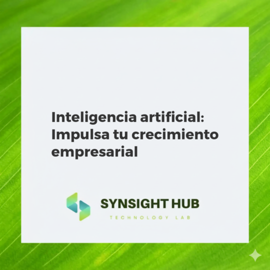 Inteligencia artificial impulsando el crecimiento empresarial, con datos conectados y gráficos de expansión.