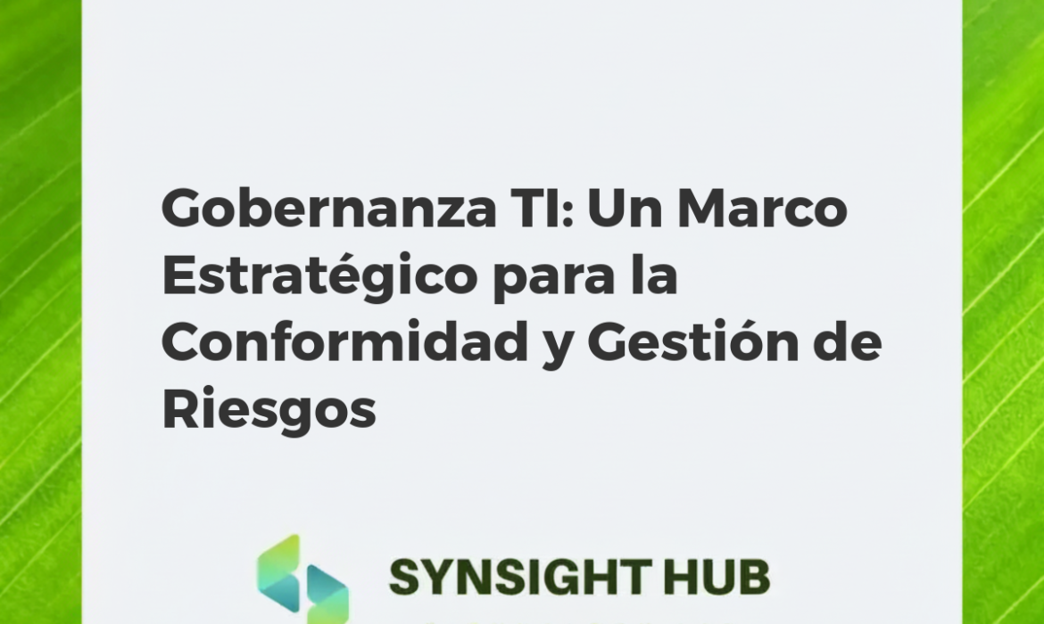 Ilustración de gobernanza TI con engranajes, datos seguros y símbolos de conformidad y gestión de riesgos